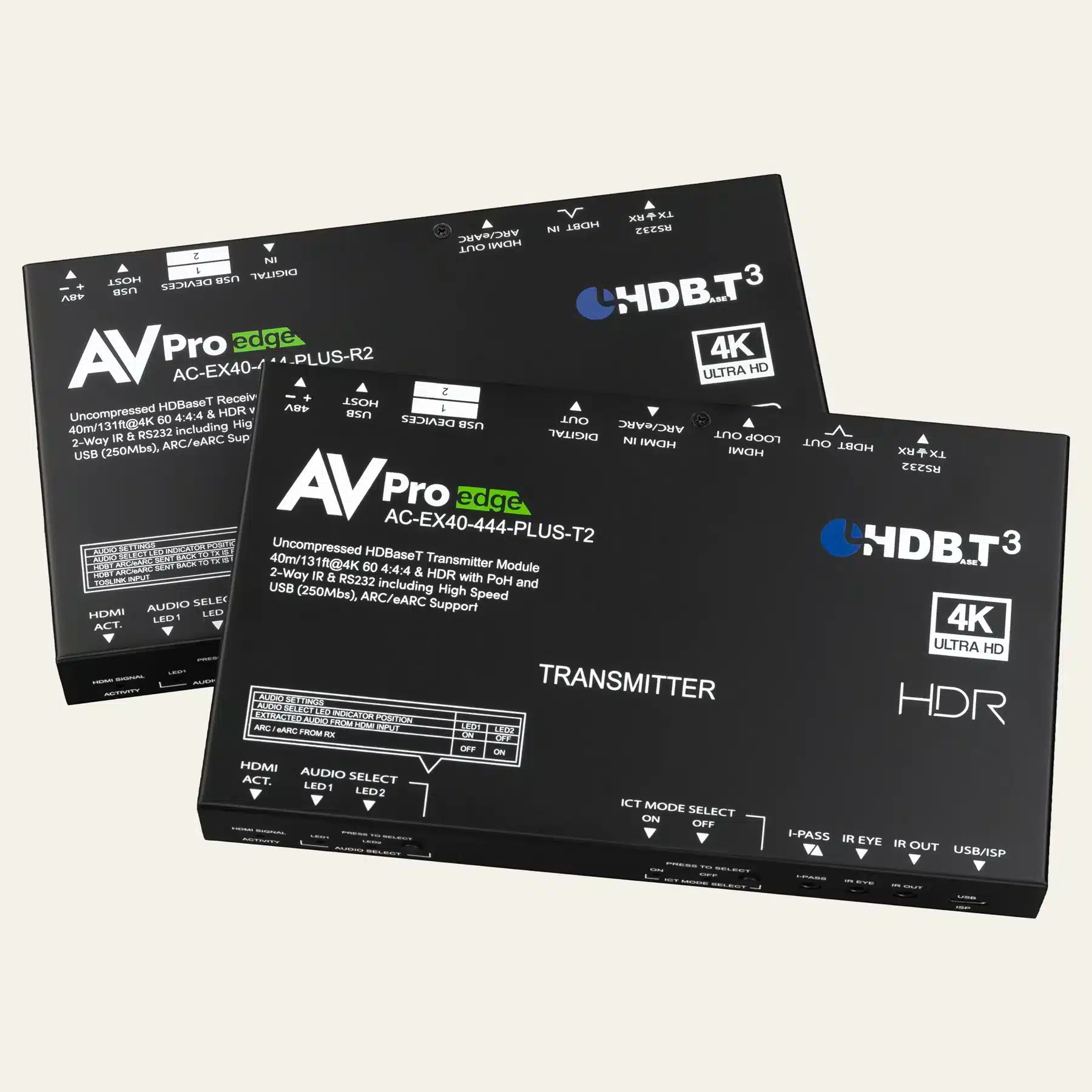 AVPro Edge AC-EX40-444-PLUS HDMI transmitter and receiver kit shown at an angle