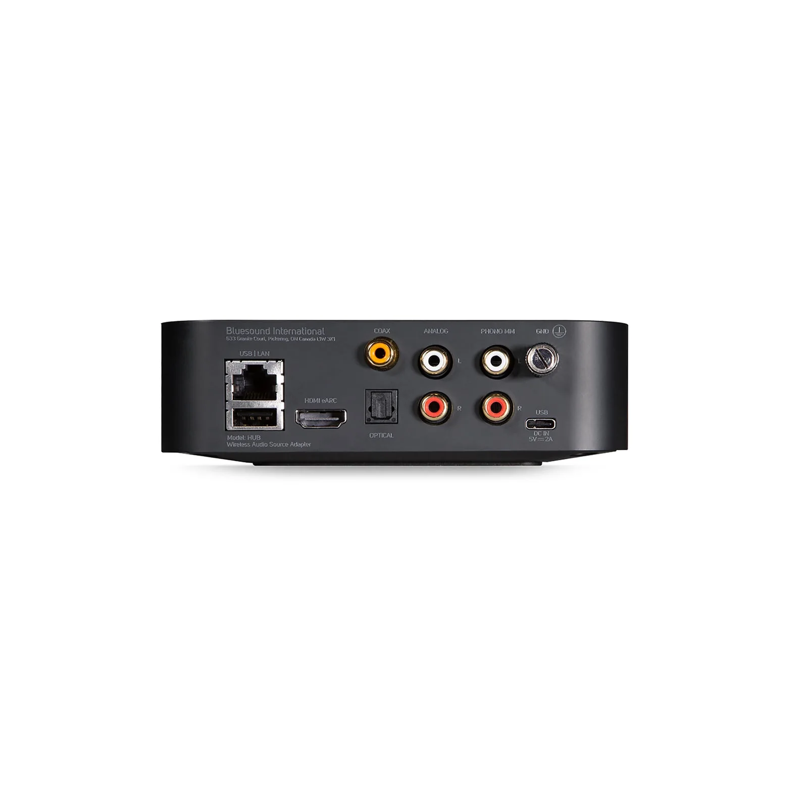 Rear panel of a Bluesound HUB with phono line digital HDMI and network connections