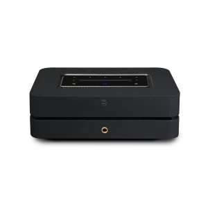 Black Bluesound POWERNODE streaming amplifier viewed from the front