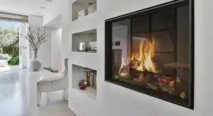 Contemporary living room with a fireplace prepared for integrated comfort control