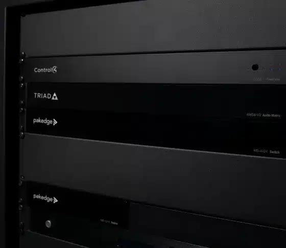 Control4 CORE 5 controller installed in an equipment rack
