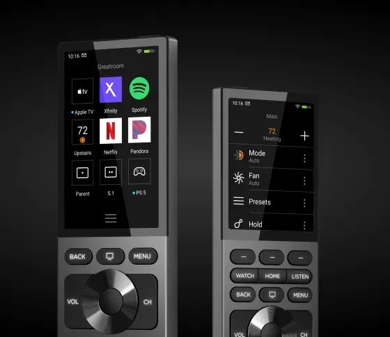 Control4 Halo remote held in a modern living-room setting