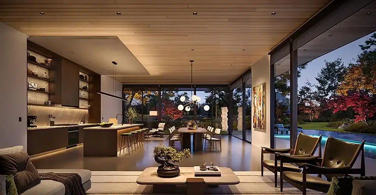 Open-plan living room illuminated by Ketra downlights and architectural lighting