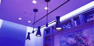 Track lighting and architectural accents shown in a colorful Ketra lighting scene
