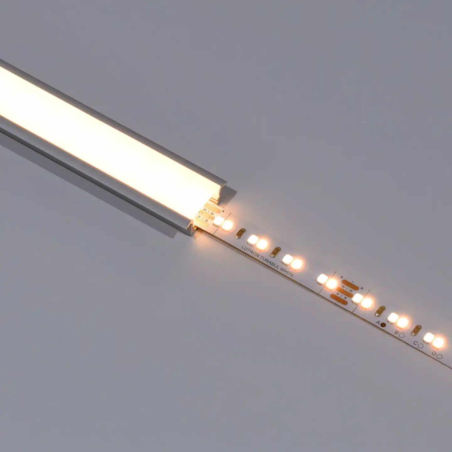 Lutron Lumaris tunable white tape light with close-up LED detail