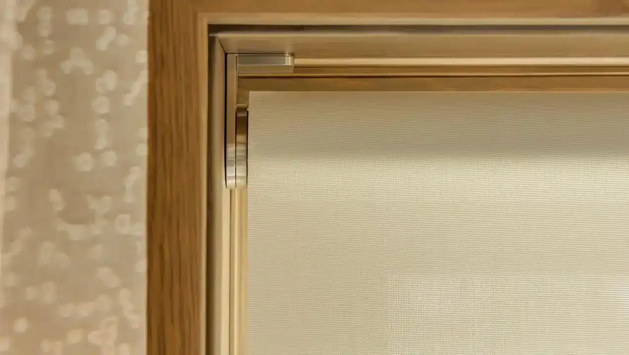 Close-up of a Palladiom exposed roller shade bracket and fabric
