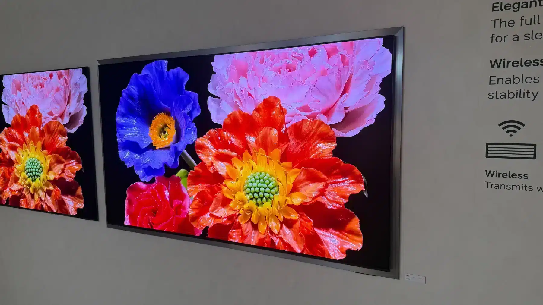 Samsung S95H OLED television displayed in a dark demonstration room