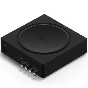 Black Sonos Amp viewed from above with speaker and source connections visible