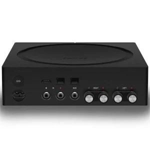 Rear connection panel of a black Sonos Amp with HDMI, network, line-in and speaker terminals