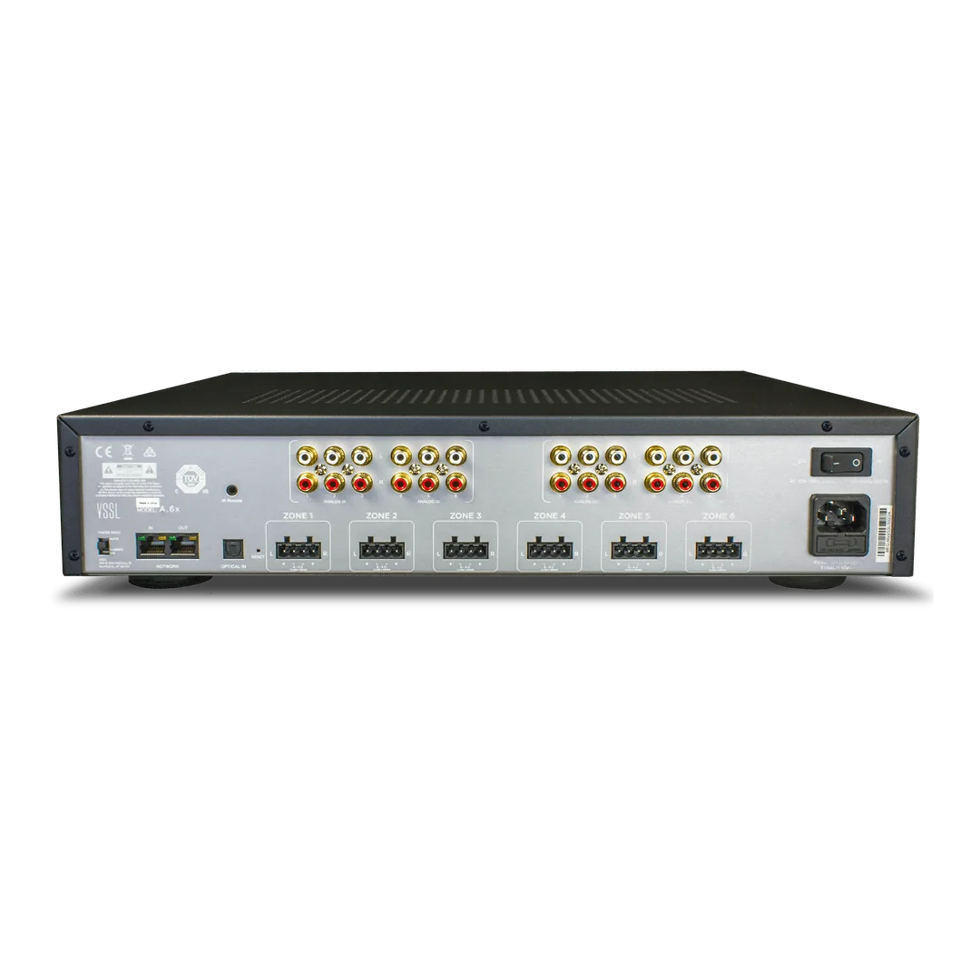 Rear connection panel of a VSSL A.6x six-zone streaming amplifier